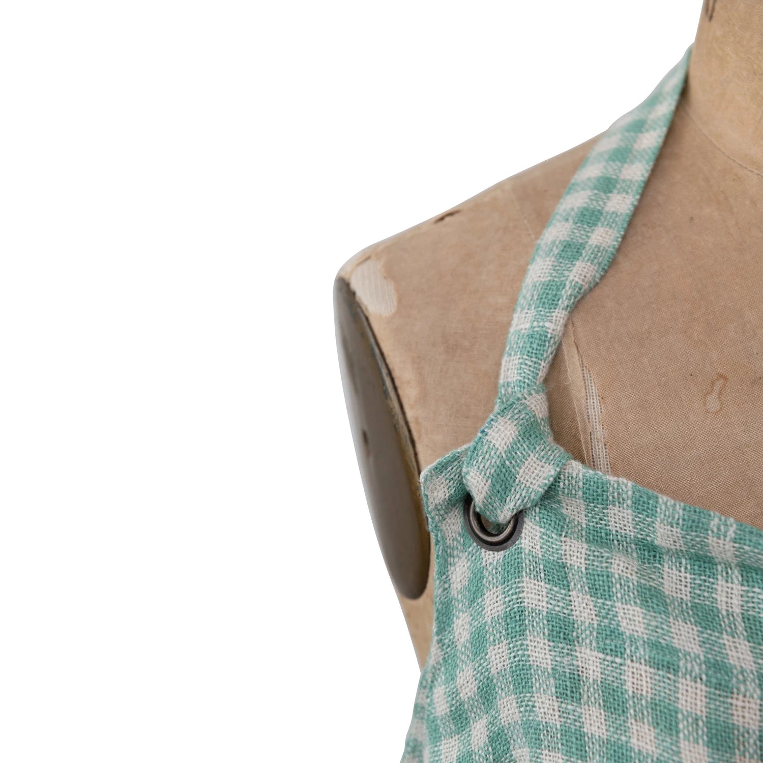 close-up of neck strap on Aqua Gingham Linen & Cotton Apron
