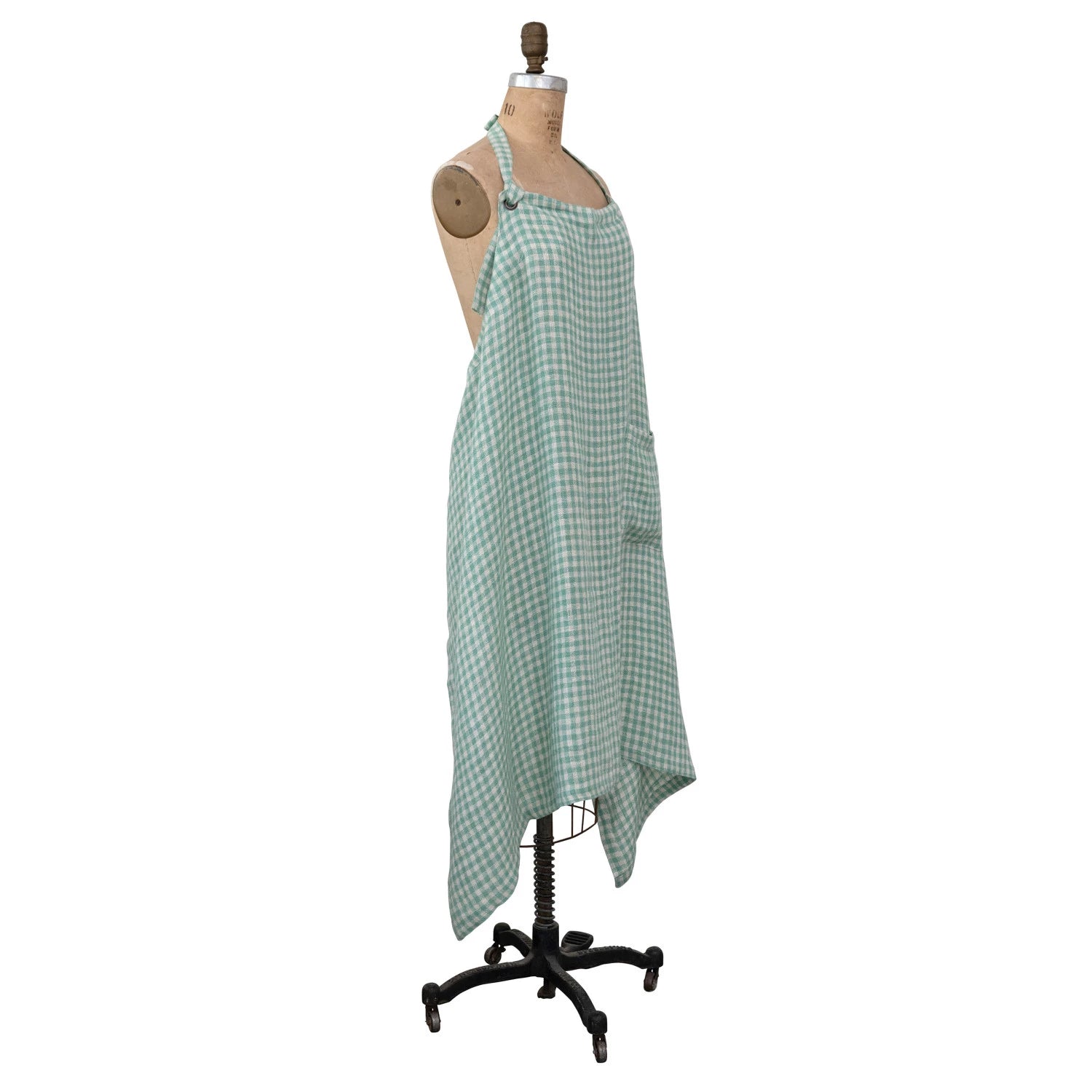 side view of Aqua Gingham Linen & Cotton Apron on a mannequin