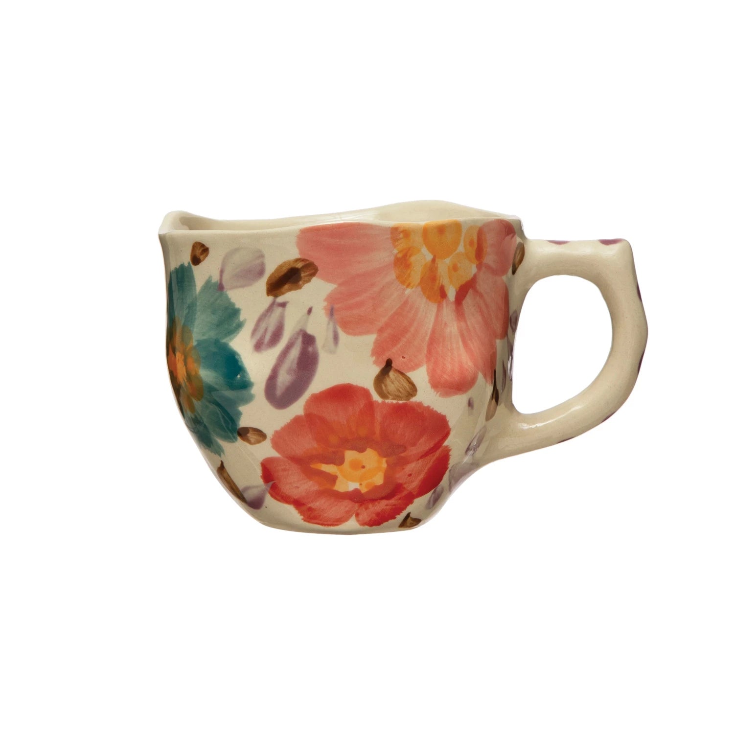 cream colored mug with colorful floral design.