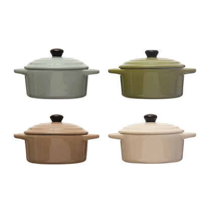 gray, olive, tan, and cream mini stoneware baker with lids displayed against a white background