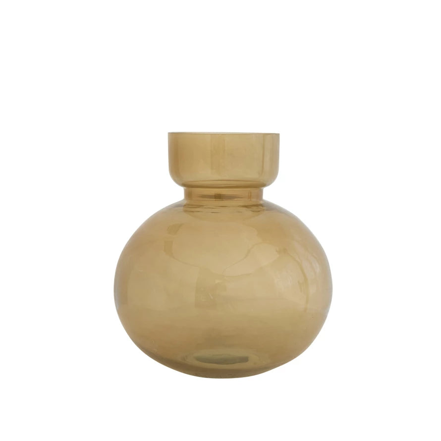 wheat glass vase with rounded body and cup shaped neck.