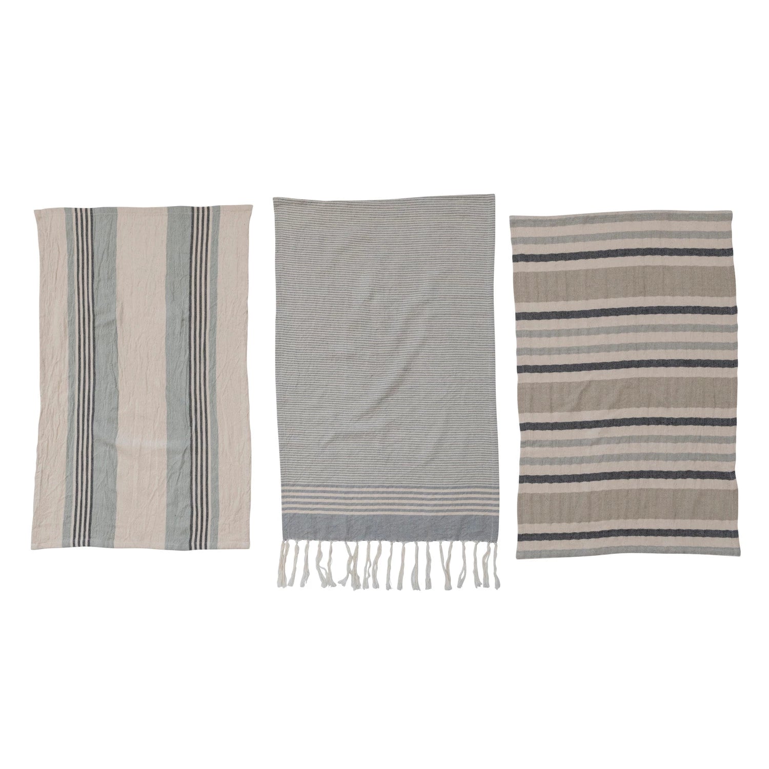 all three styles of woven cotton tea towels with stripes laying open on a white background