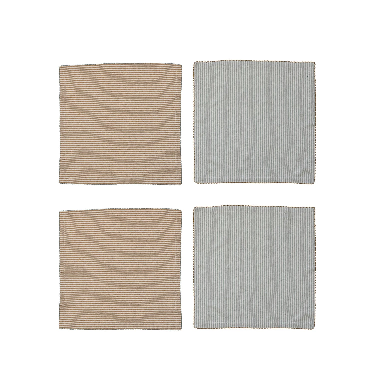 4 napkins in 2 color pallets laying flat on a white background.