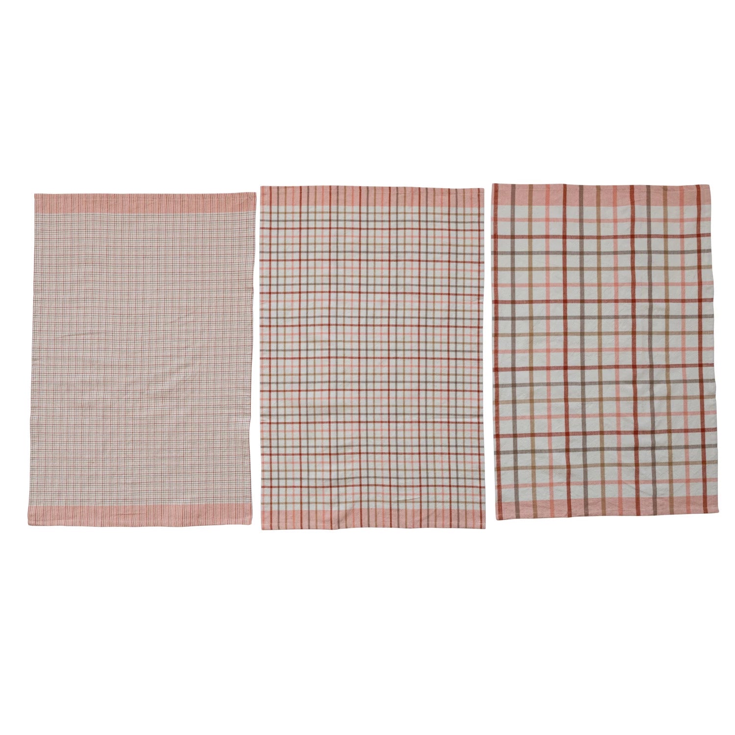 3 assorted dishtowels with plaid patterns laying flat on a white background.