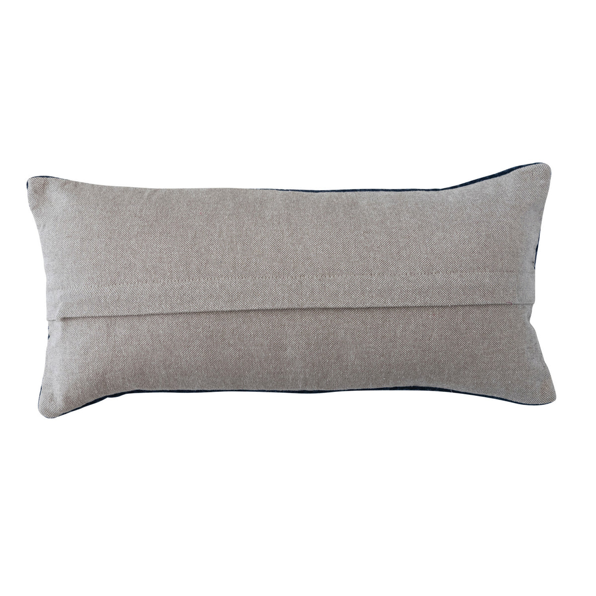 back view of pillow with solid tan backing and zipper opening