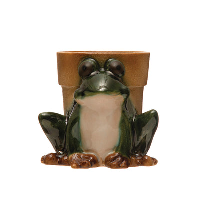 front view of frog planter on white background