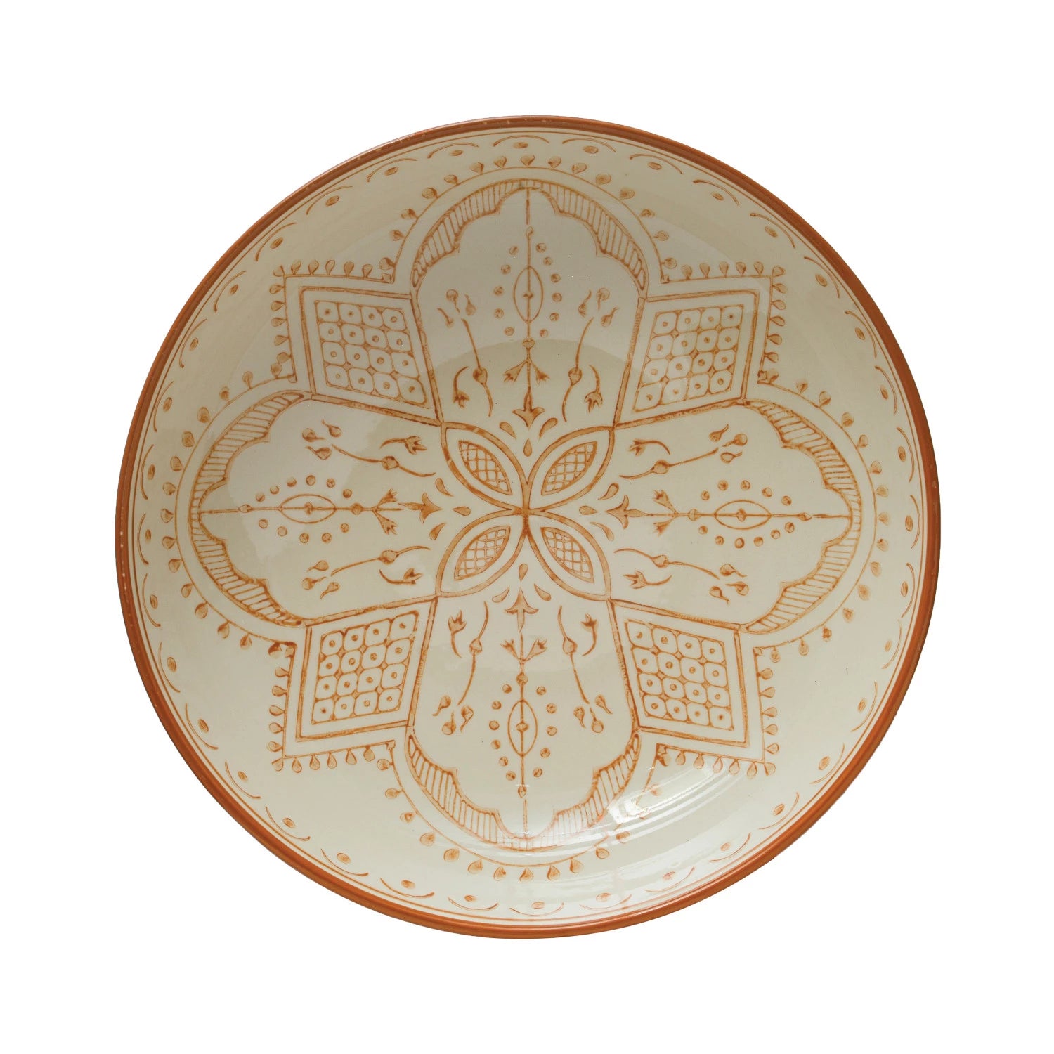 top view of cream bowl with intricate orange pattern in the interior.