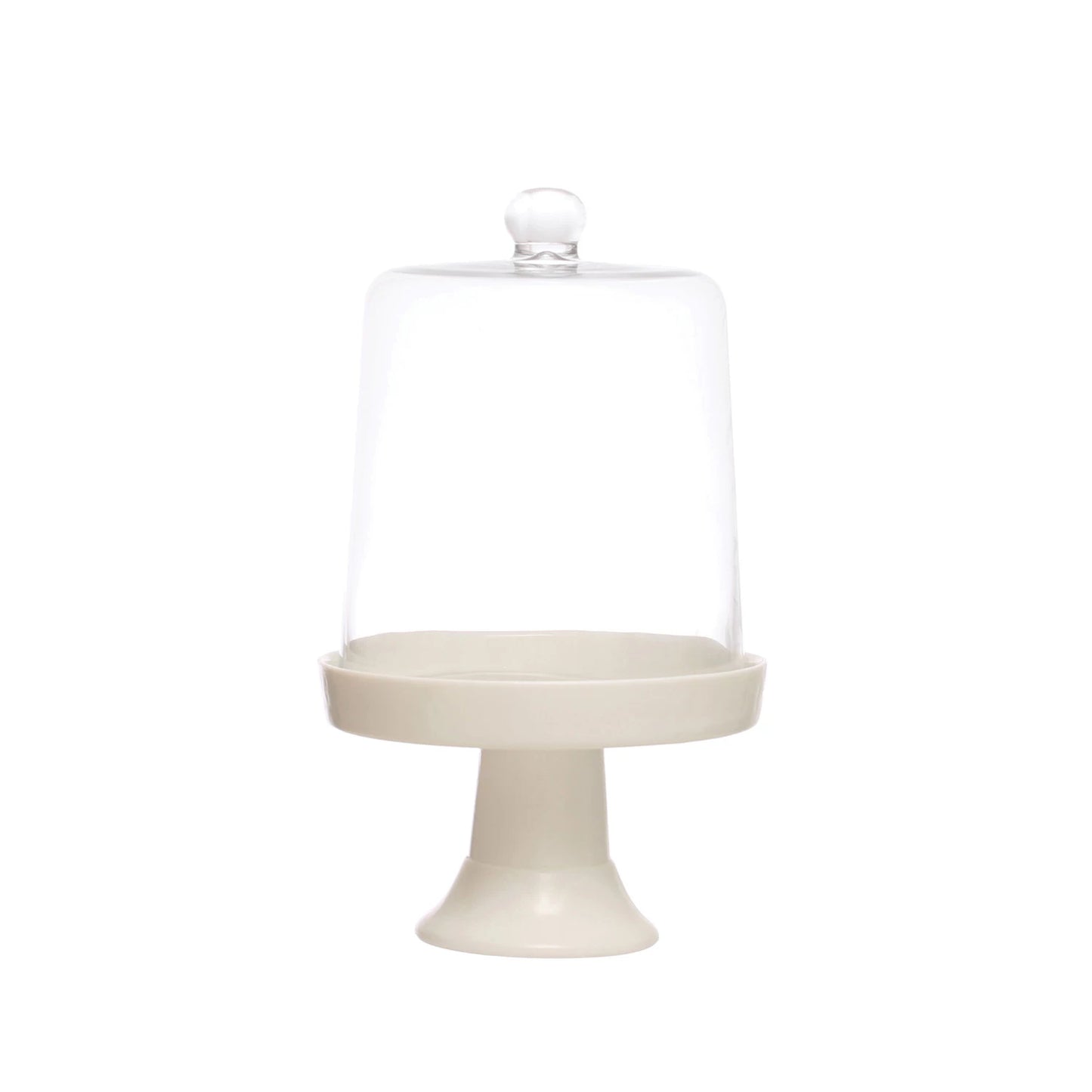 white pedestal with glass cloche displayed against a white background