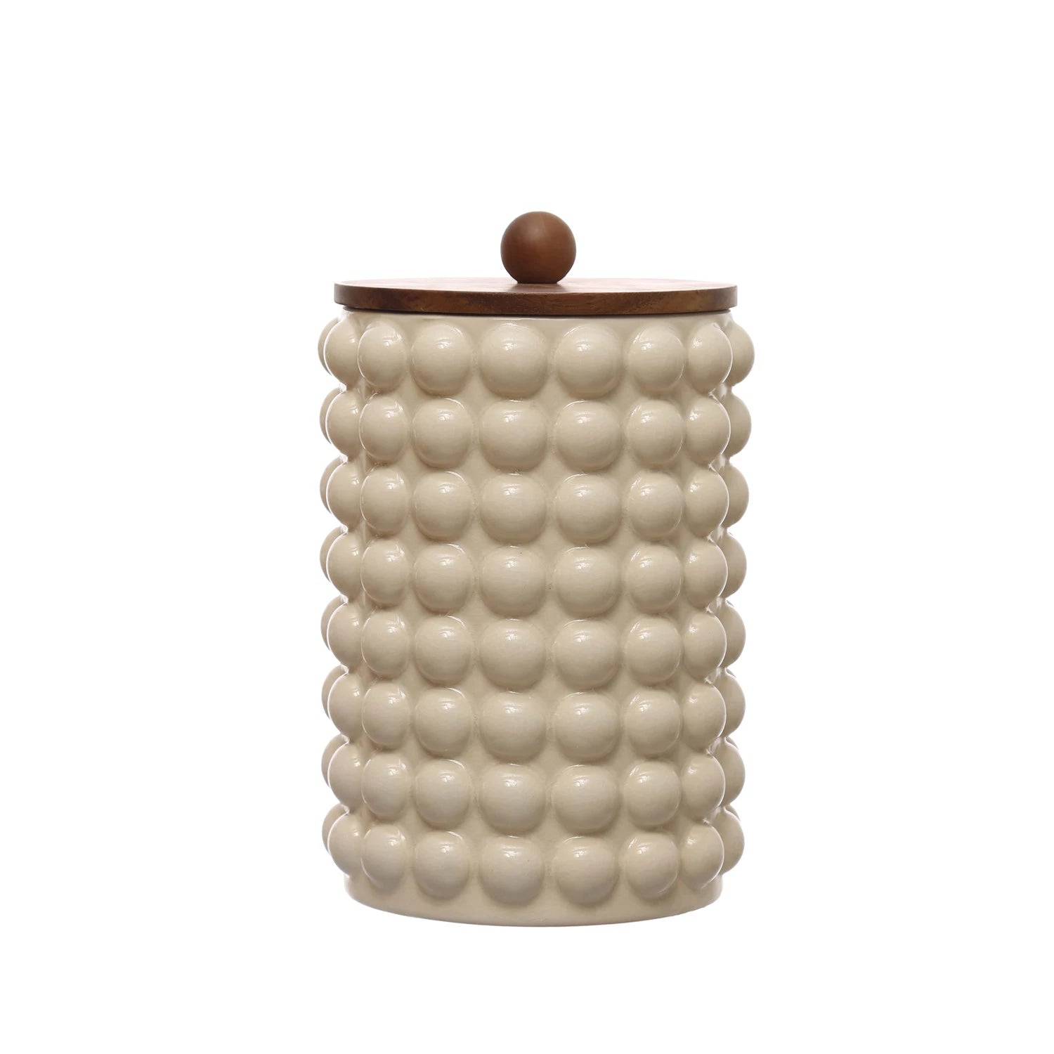 medium raised dots and acacia wood lid stoneware canister displayed on a white background
