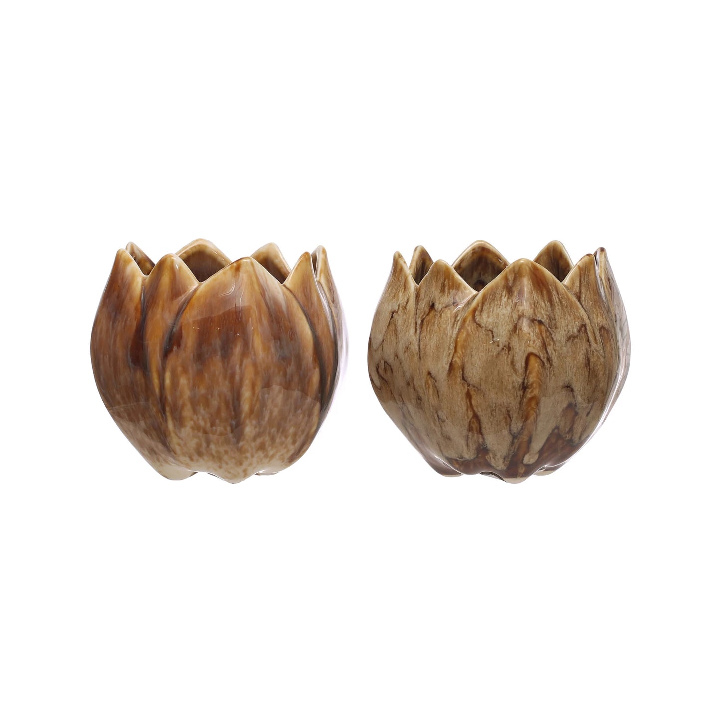 two stoneware flower shaped planter displayed against a white background