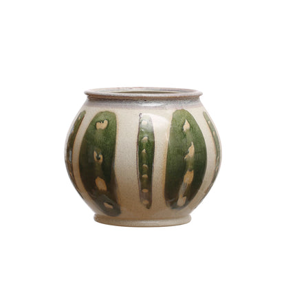 Stoneware Planter with Green Design shown on a white background