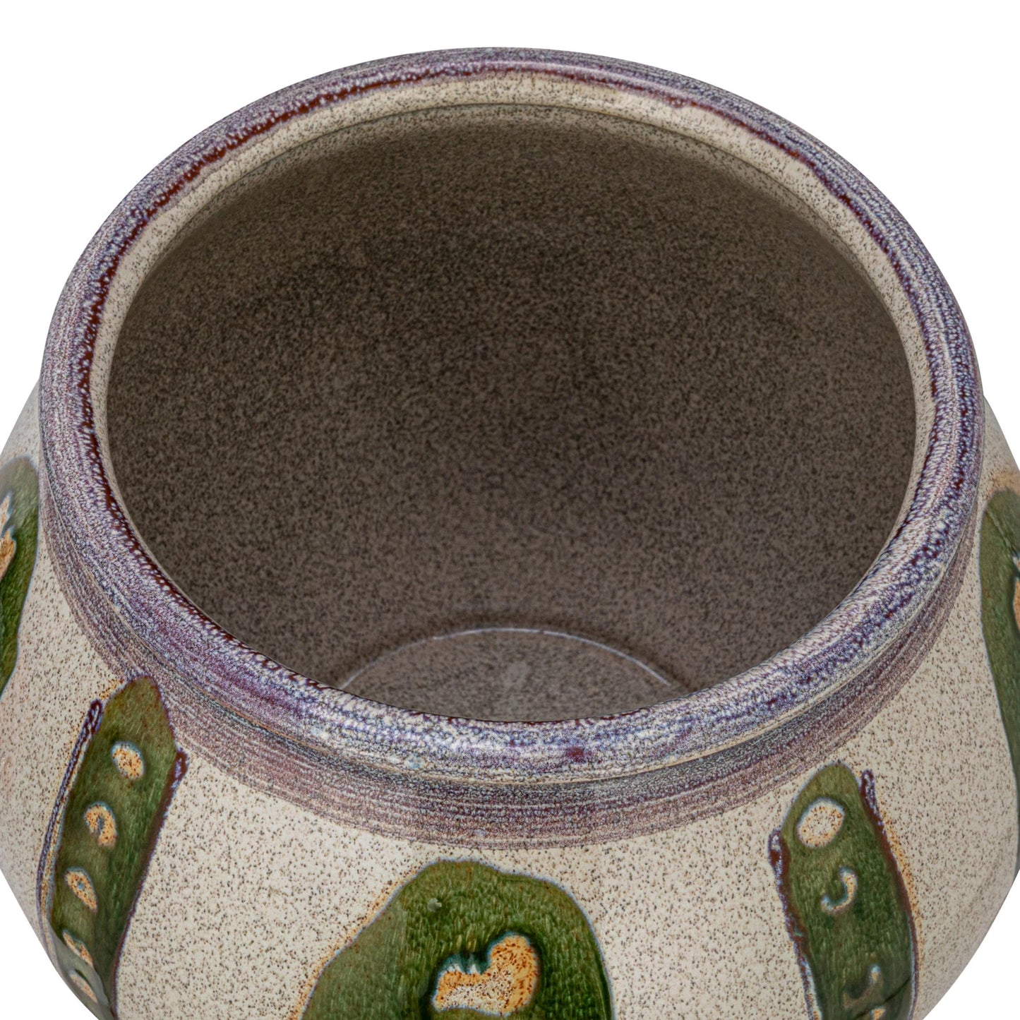 top view of Stoneware Planter with Green Design showing round opening