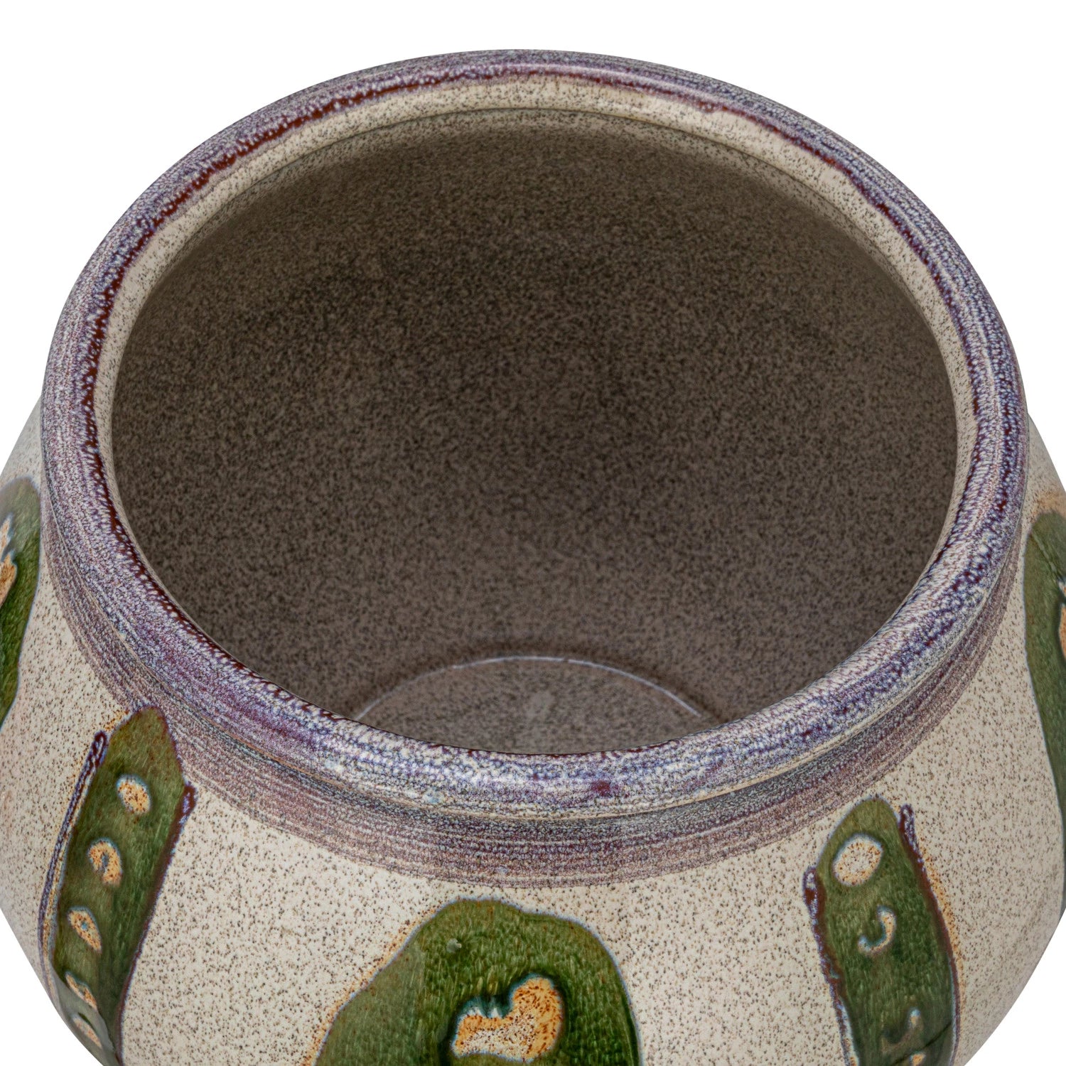 top view of Stoneware Planter with Green Design showing round opening