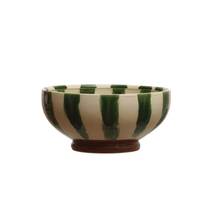 cream bowl with green stripes on a white background.