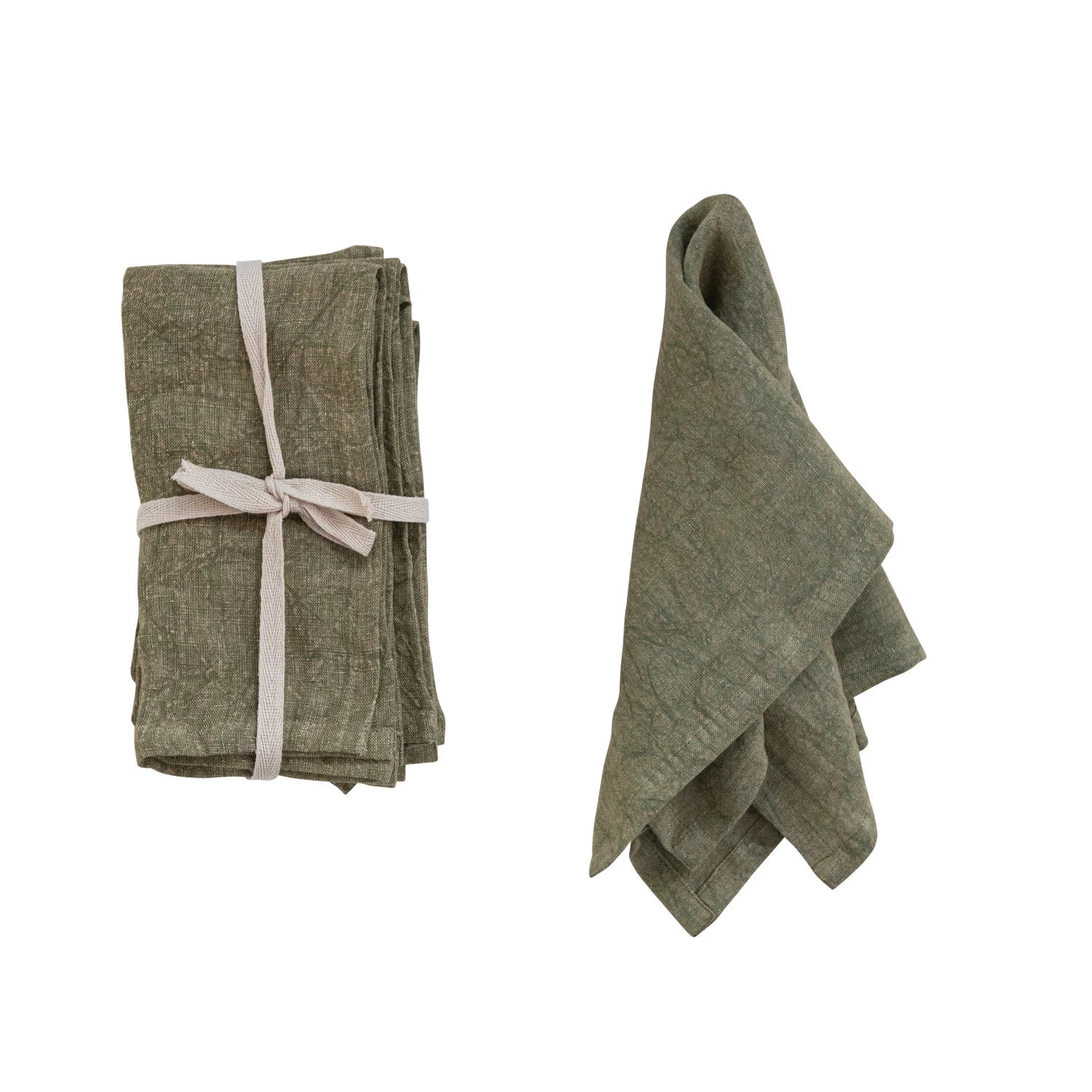 set of folded olive Stonewashed Linen Napkins tied with ribbon and one displayed draped over itself on a white background