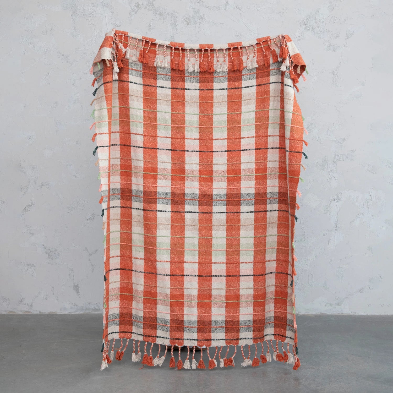a person holding up and standing behind plaid Throw blanket