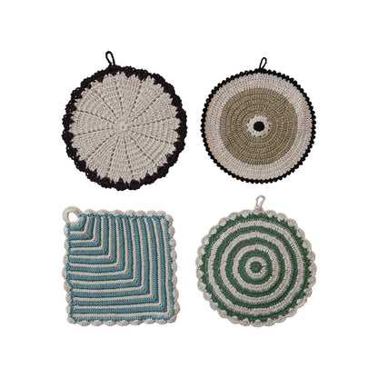4 styles of crocheted pot holders in 2 rows on a white background.