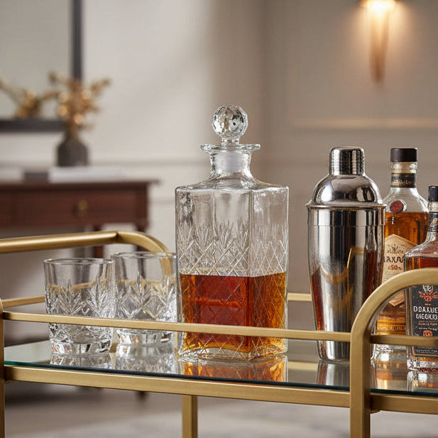 Bar cart with liquor bottles, glasses, and decanter in a home setting.