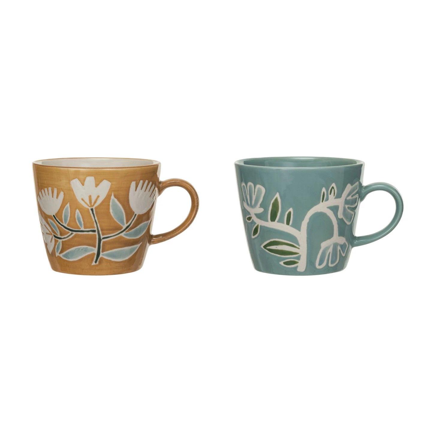 Two ceramic mugs with floral patterns on a white background