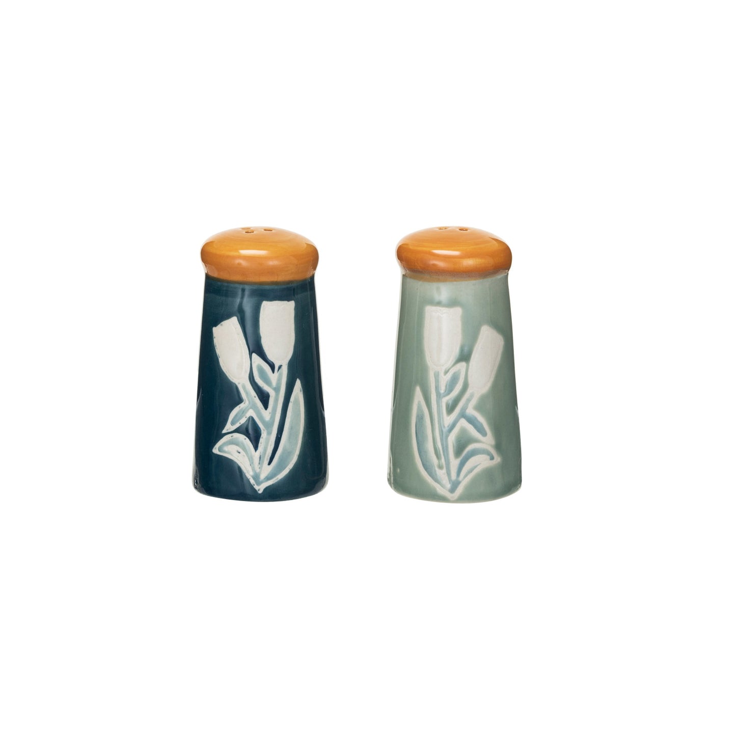 one blue and one mint green shaker with floral designs shown on a white background.