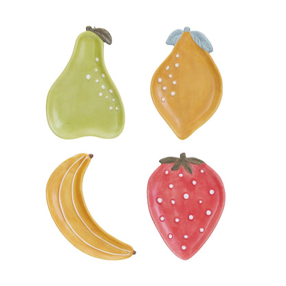 4 fruit shaped dishes on a white background.