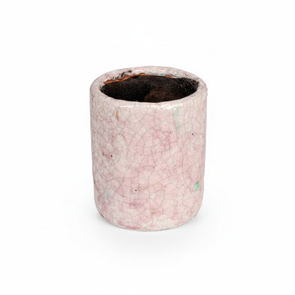 side view of small pink planter shown on a a white background