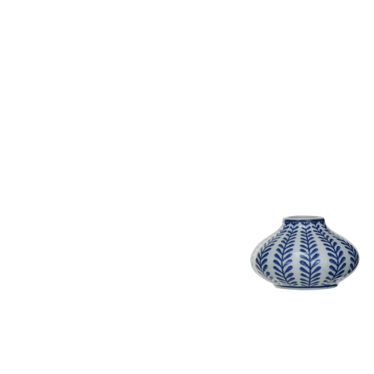 smallest white vase with blue vertical vining pattern on it
