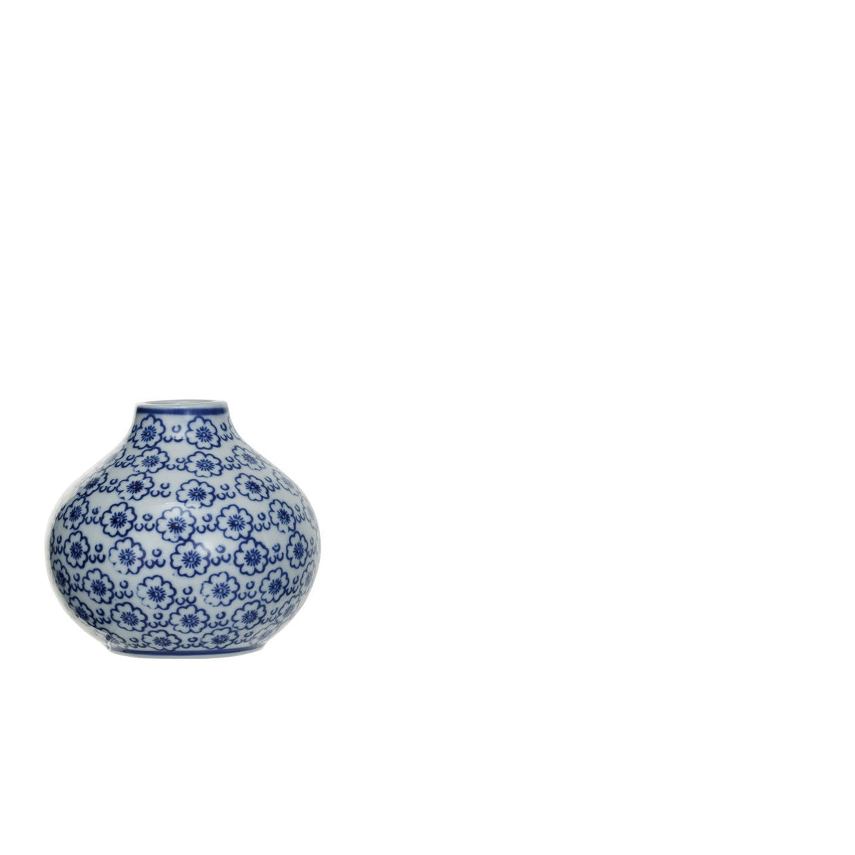medium sized white vase with blue floral design on it