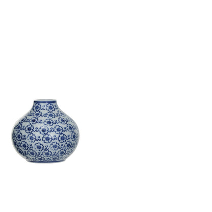 medium sized white vase with blue floral design on it