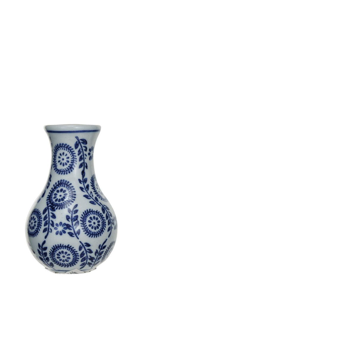 white bud vase with blue flowers and vines painted on it