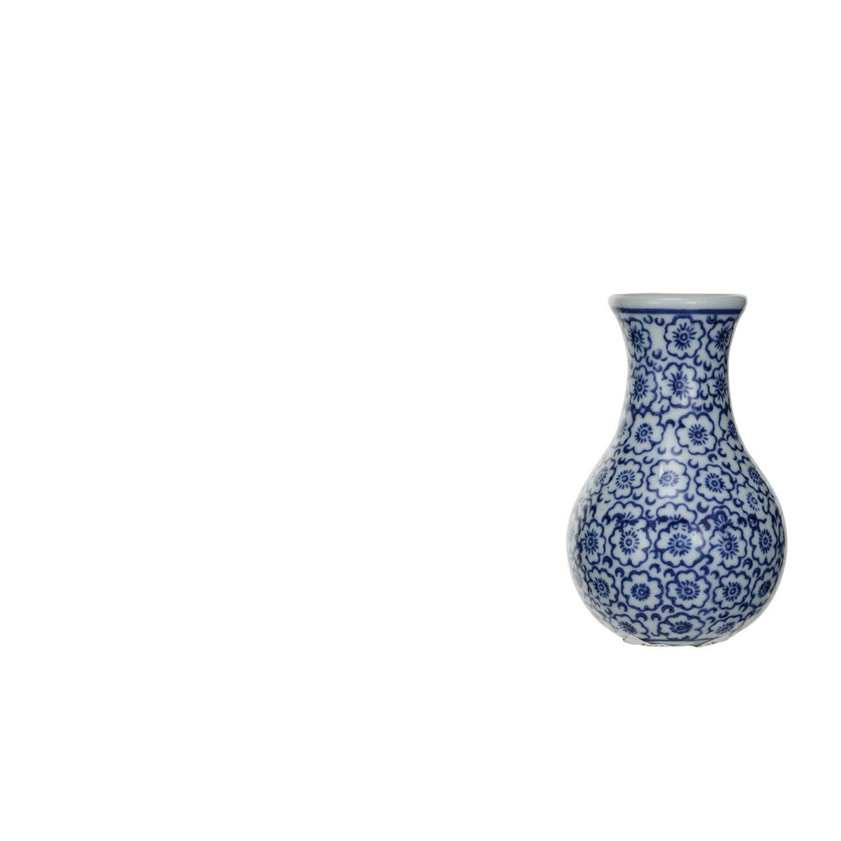white bud vase with small blue flowers painted on it