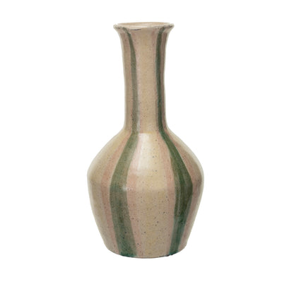 small vase with green and pink stripes.