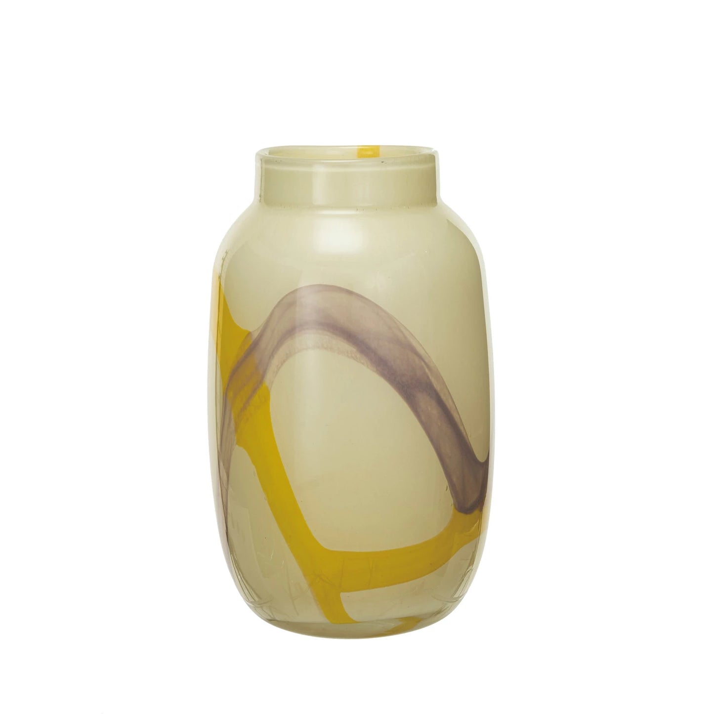 yellow glass vase with abstract design on a white background