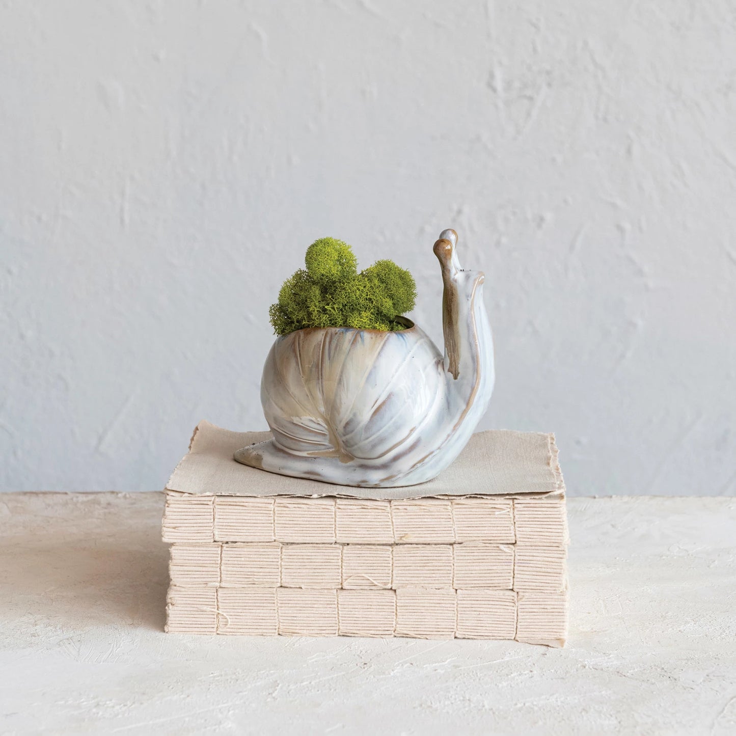 A stoneware snail-shaped planter with a green plant on its back, placed on a stack of books against a neutral background.