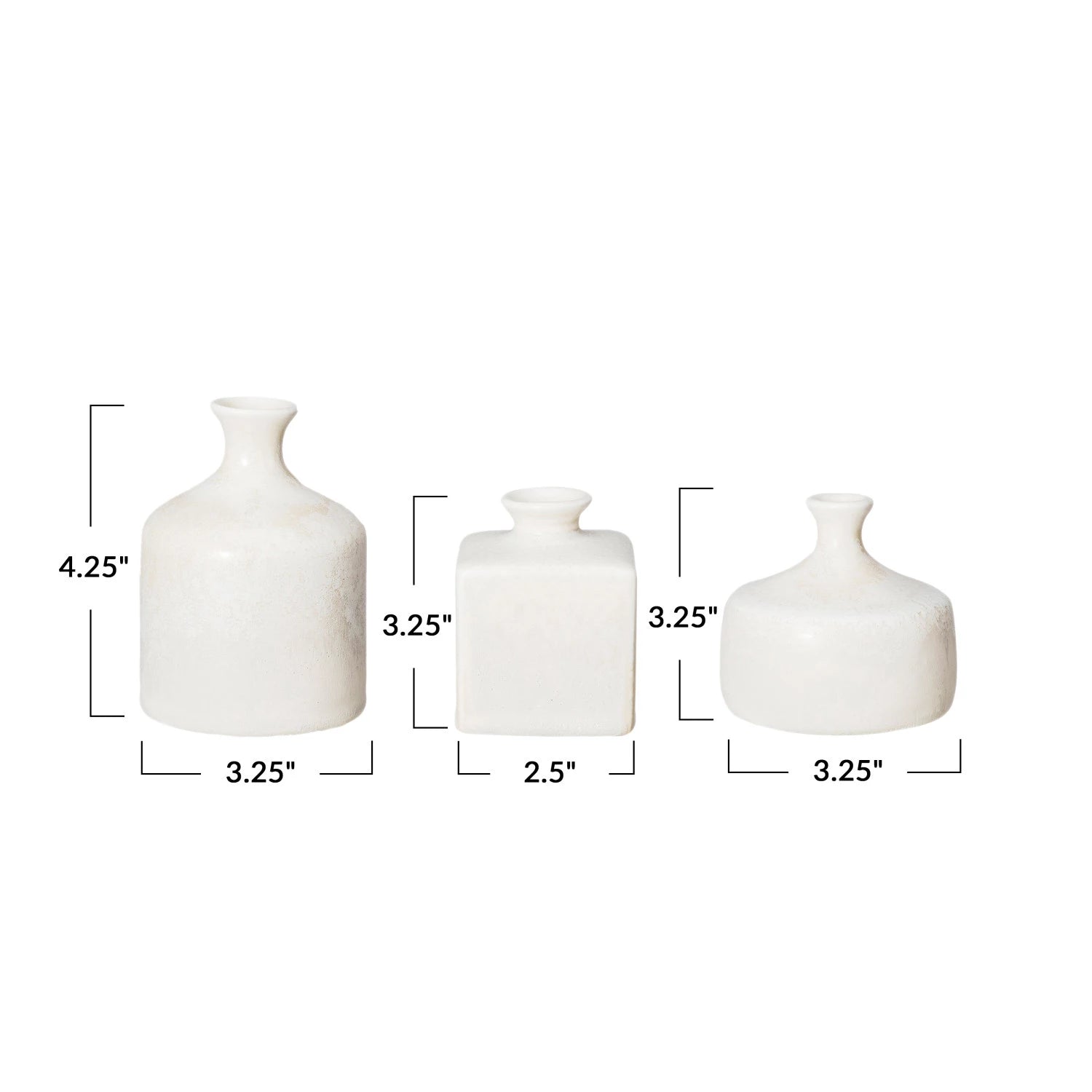 3 sizes of vases shown with their measurements.