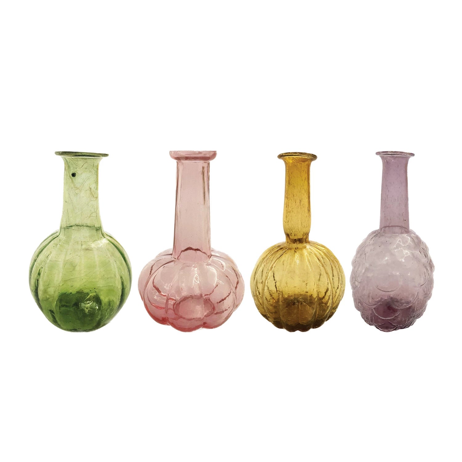 3 colors and designs of recycled glass vases on a white background.