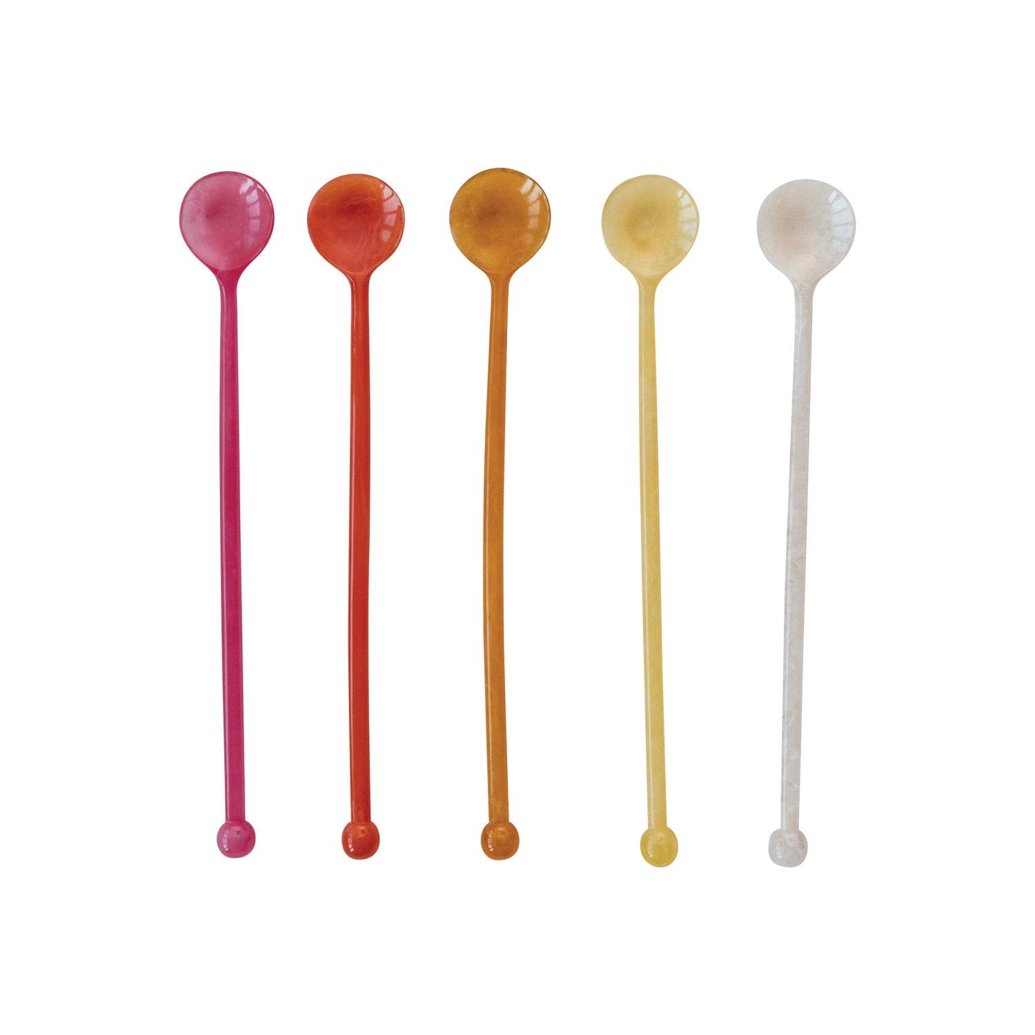 Resin Cocktail Spoons in five different colors in a row on a white background