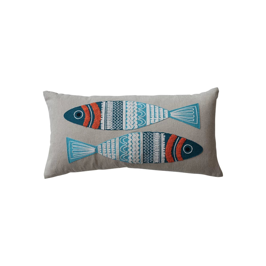 embroidered fish pillow on a white background.