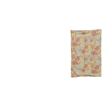 yellow dishtowel with coral floral design