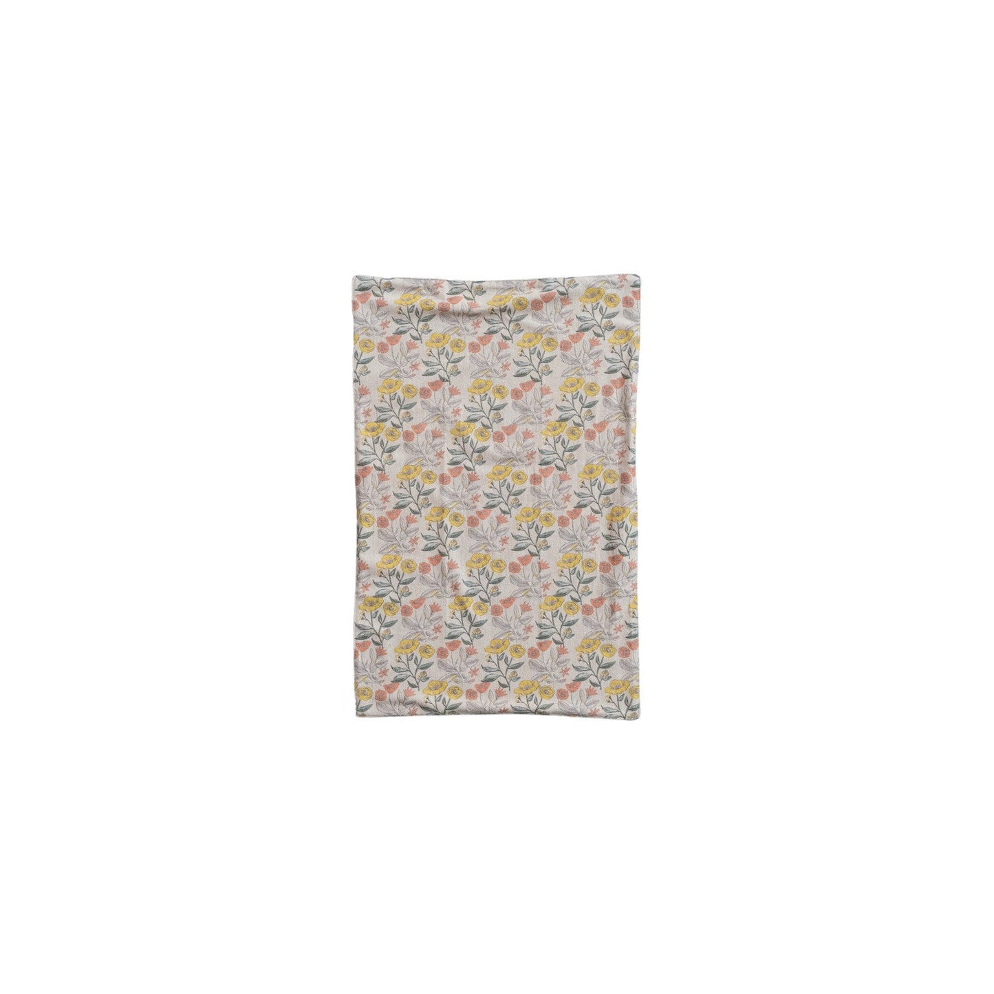 cream colored dishtowel with yellow and coral floral design 