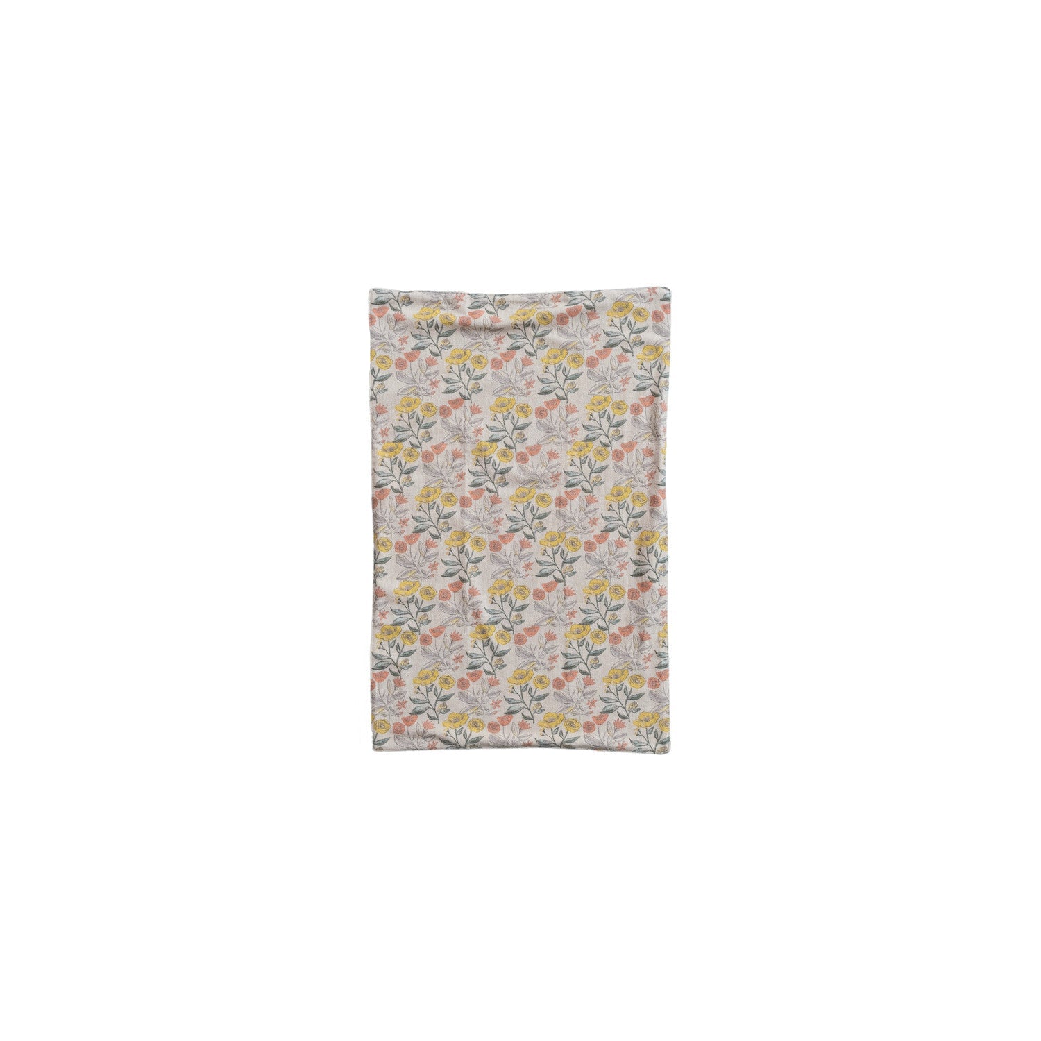 cream colored dishtowel with yellow and coral floral design 