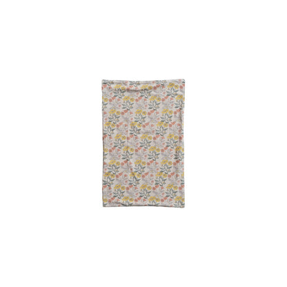 cream colored dishtowel with yellow and coral floral design 