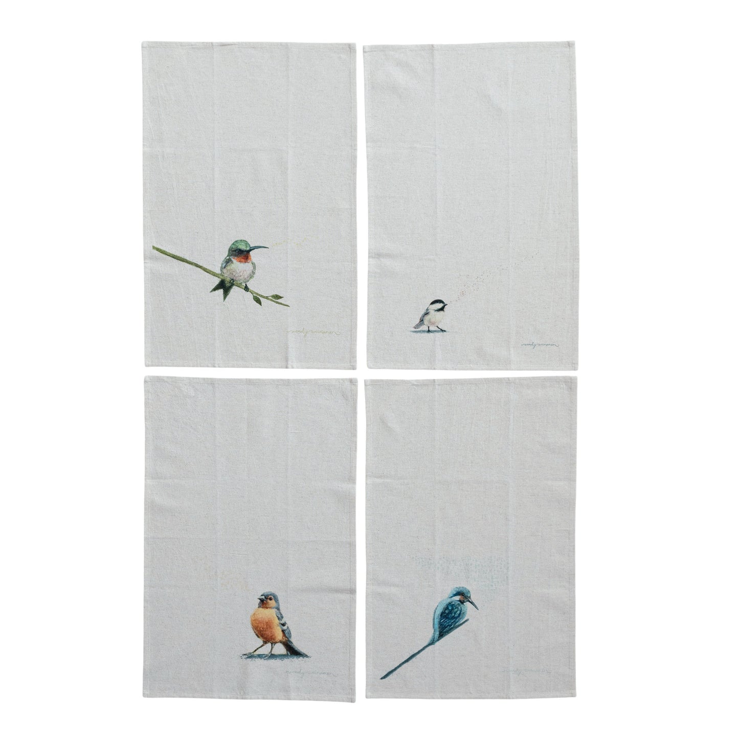 4 bird towels laying flat on a white background