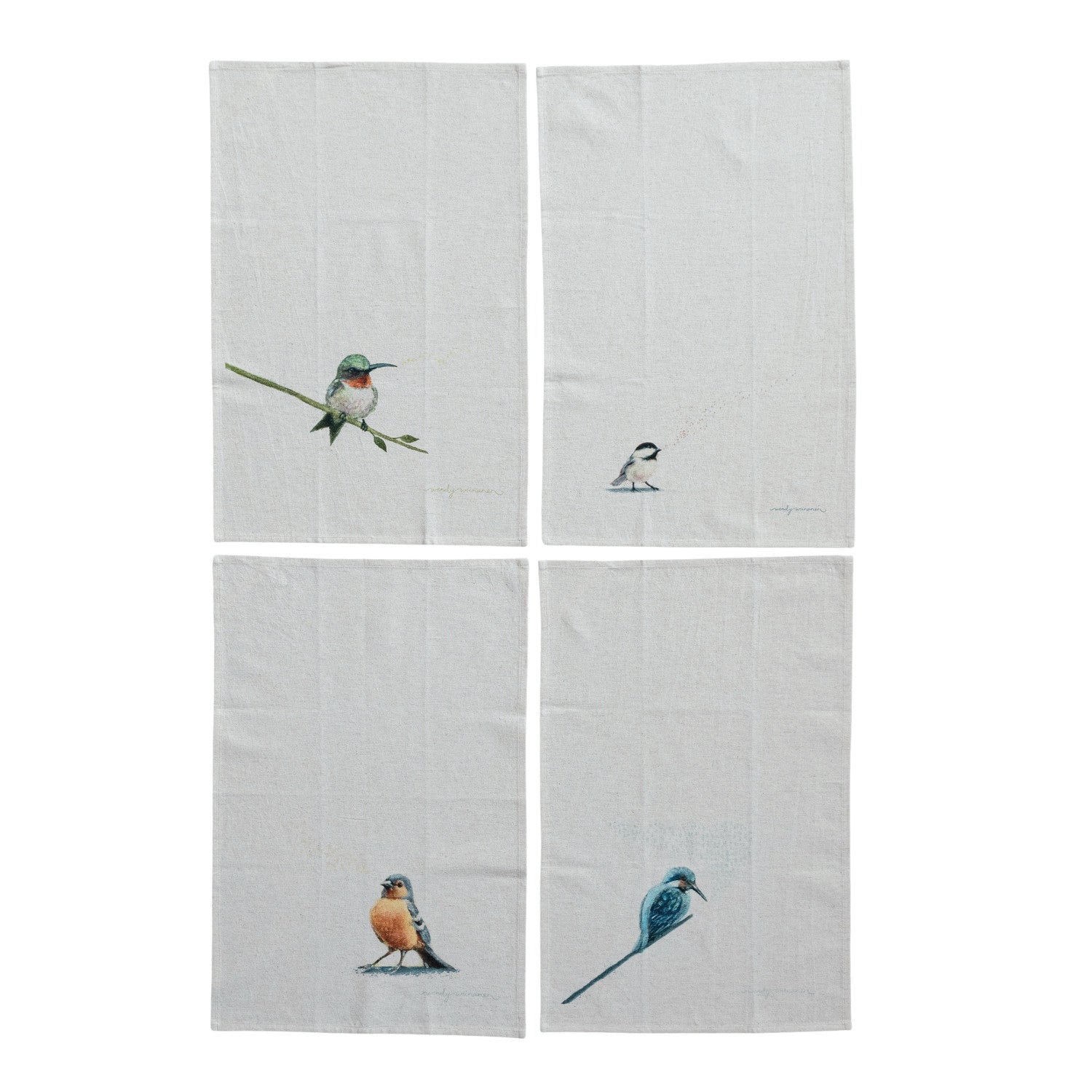 4 bird towels laying flat on a white background