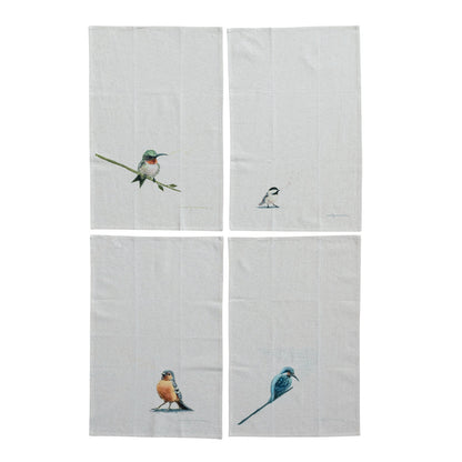 4 bird towels laying flat on a white background