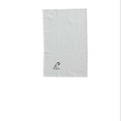 off-white tea towel with image of a small chickadee near the bottom