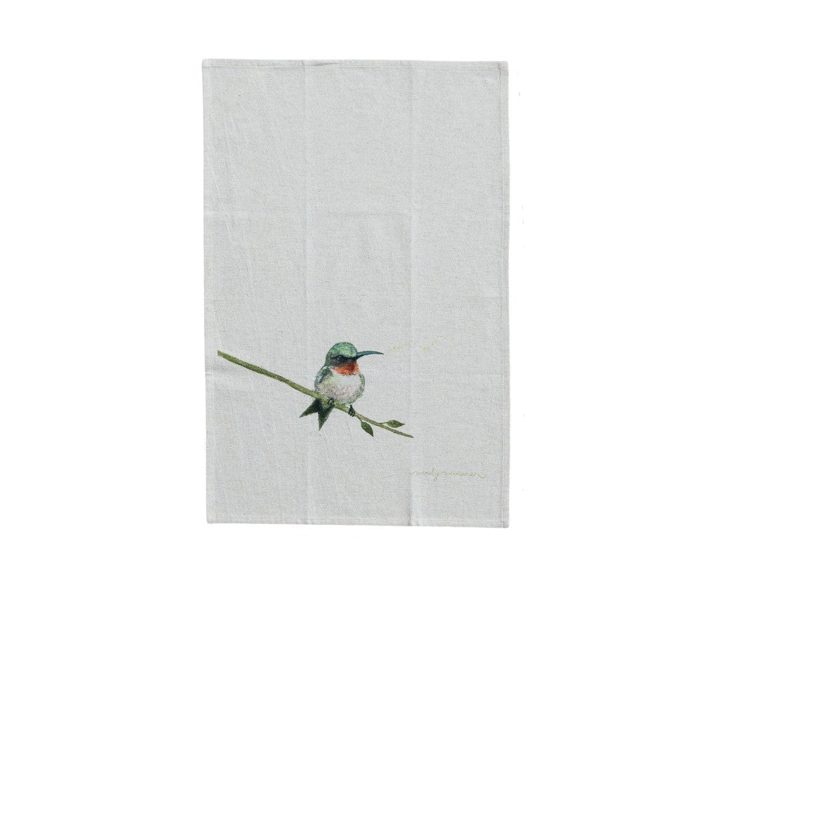 off-white tea towel with image of a green hummingbird near the bottom