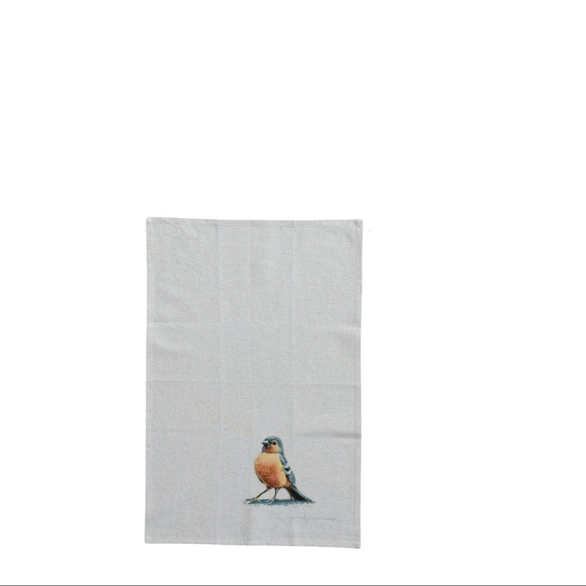 off-white tea towel with image of a female robin near the bottom