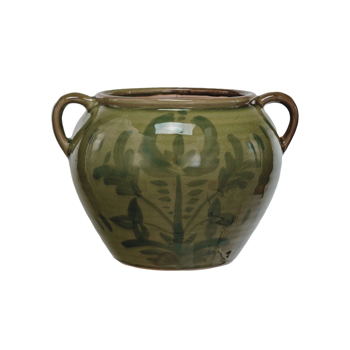 Green terracotta urn with handles and a floral design shown on a white background.