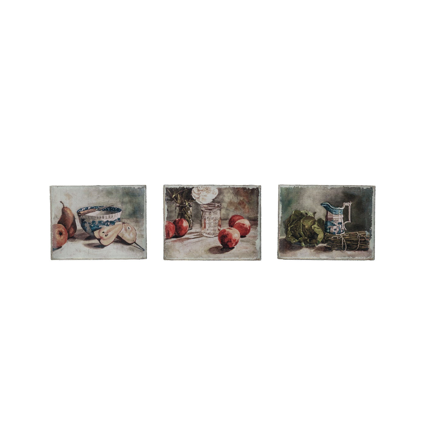 3 still-life artworks in a row on a white background